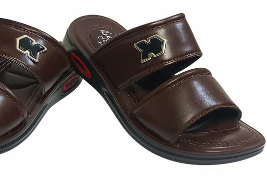 Brown sandals with a logo on a white background