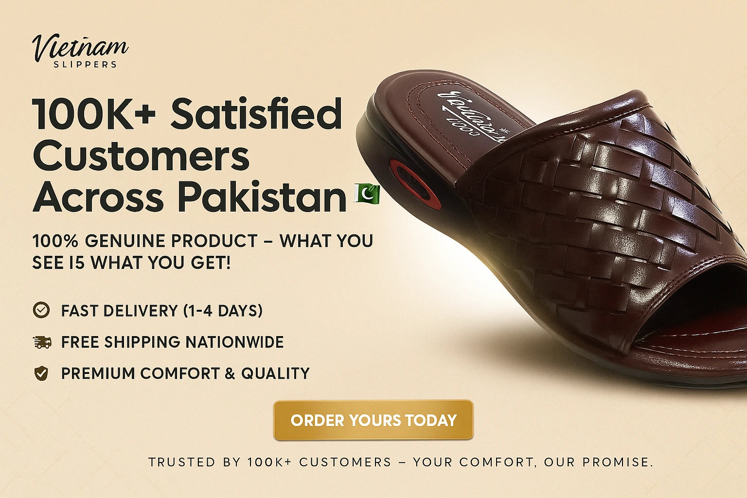 Brown slipper with promotional text on a beige background