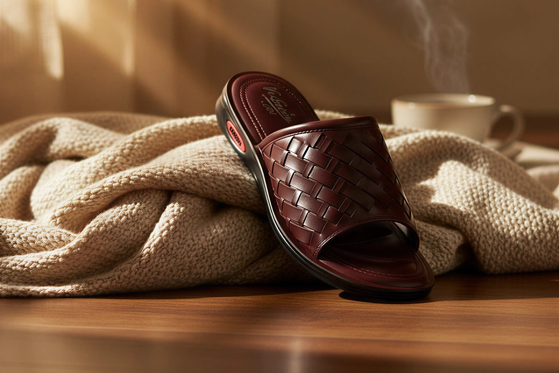 Brown woven sandal on a wooden surface with a beige blanket and steaming cup in the background