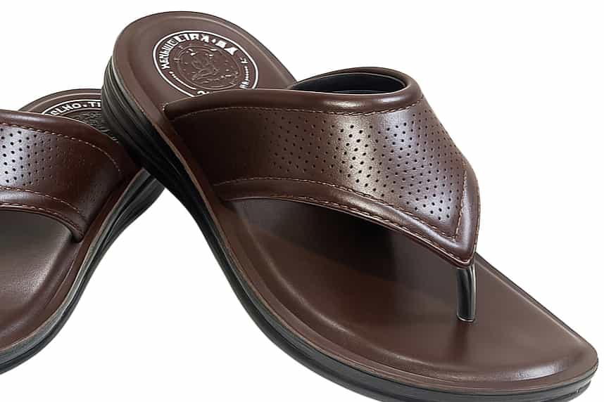 Brown sandals with a visible brand logo on a white background
