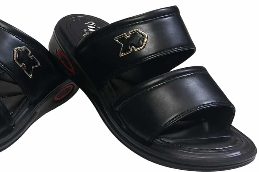 Black slippers with a logo on a white background