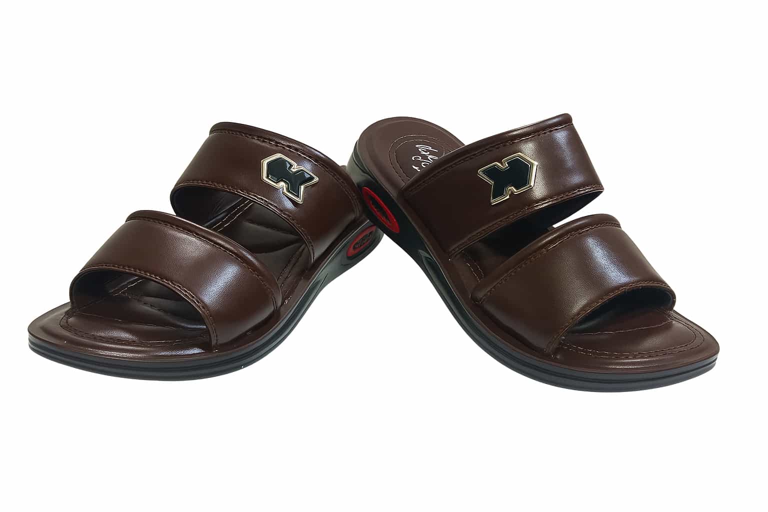 Pair of brown sandals with a logo on a white background