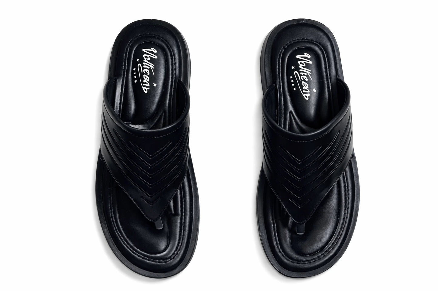 Pair of black slippers with a brand logo on a white background