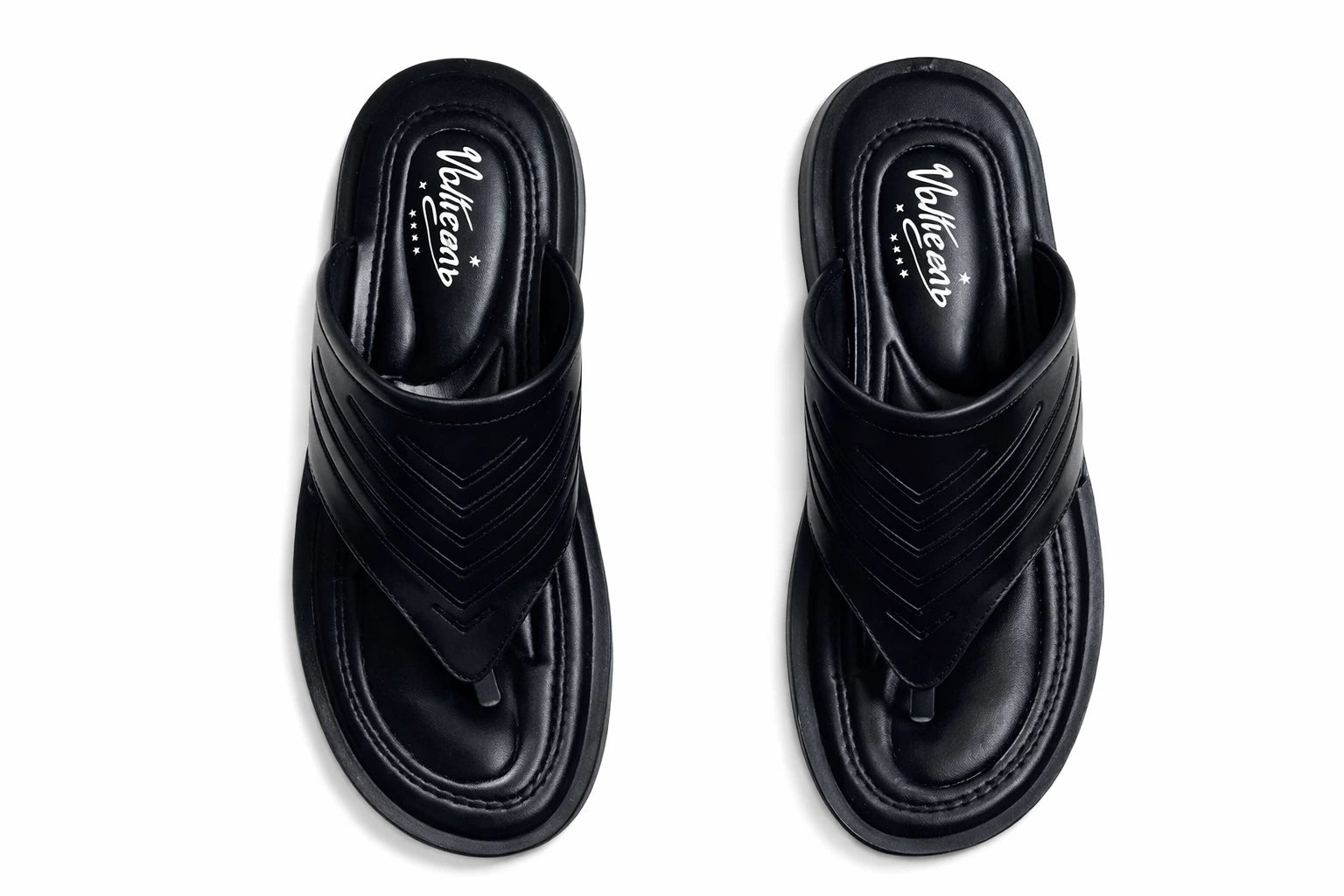 Pair of black slippers with a brand logo on a white background